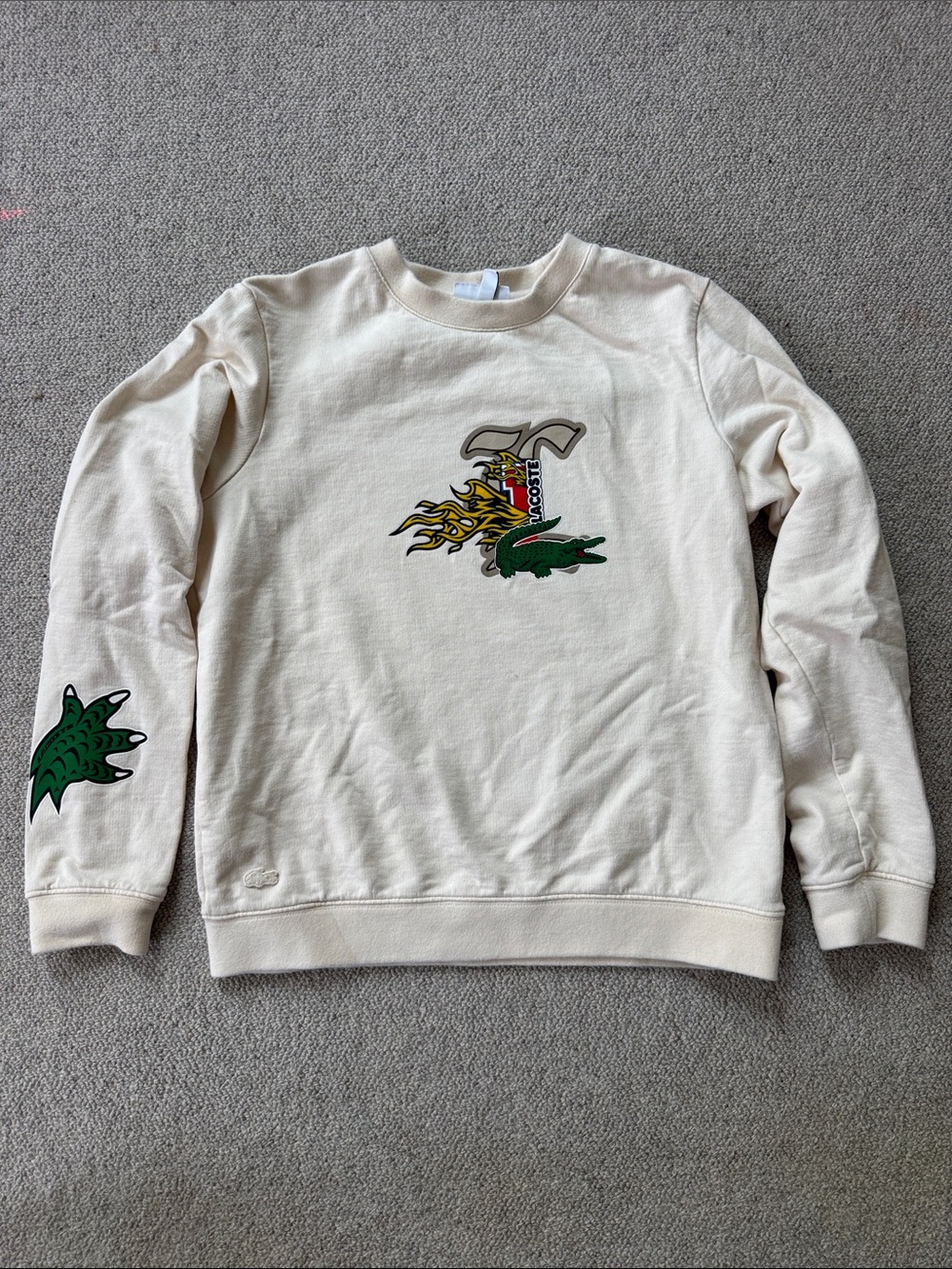 Lacoste Cream Crewneck Sweater with Green & Yellow Graphic